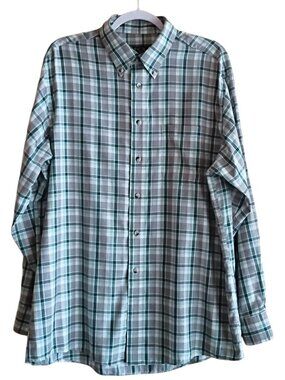 JOS A BANKS Men's Shirt Travelers Collection Green Plaid Cotton LARGE